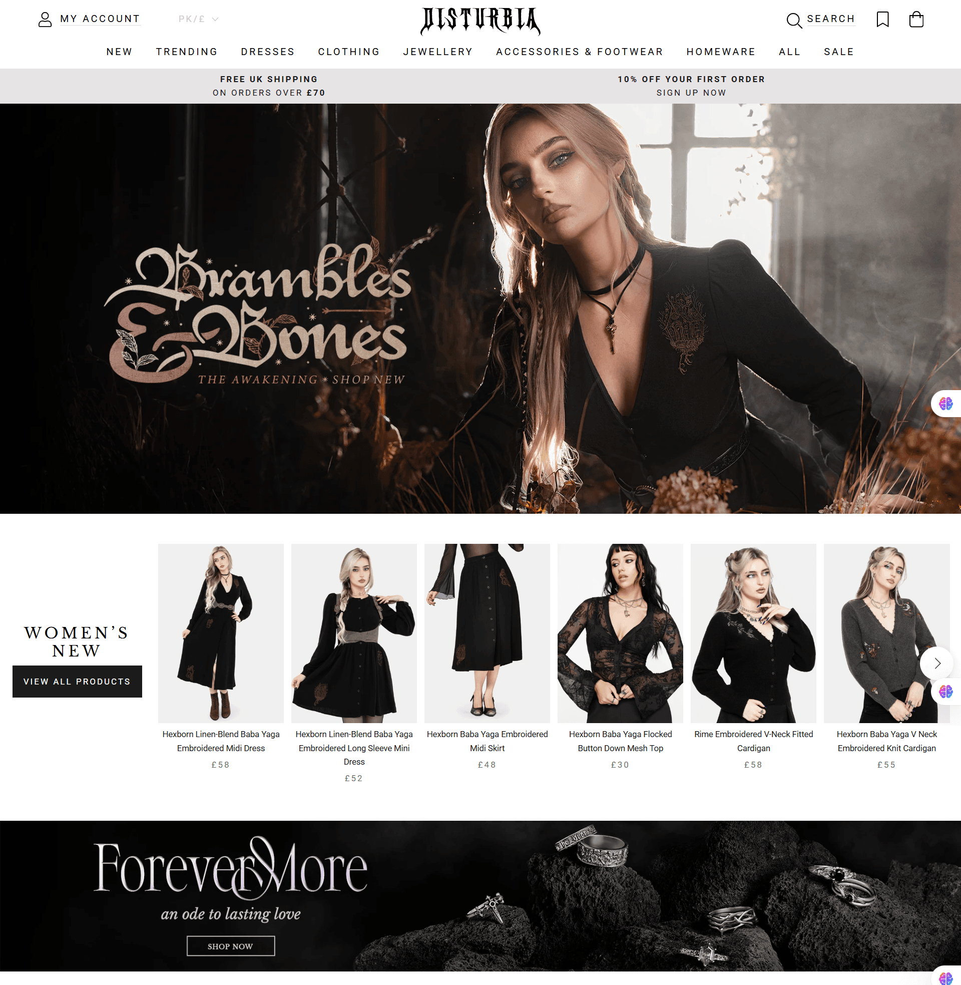 Disturbia UK Shopify store homepage showcasing alternative fashion products