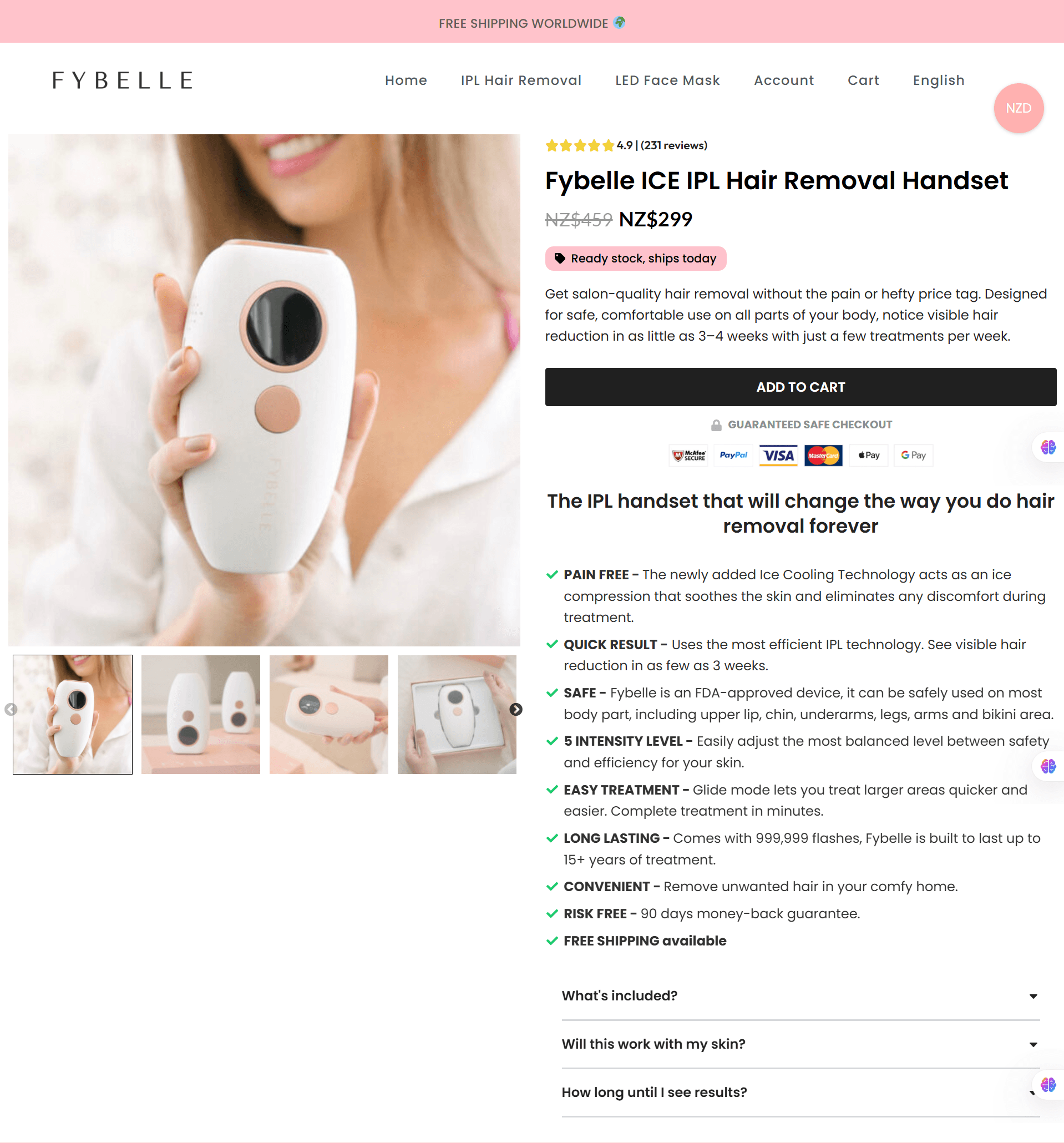 FyBelle Shopify product page showing Ice IPL hair removal handset