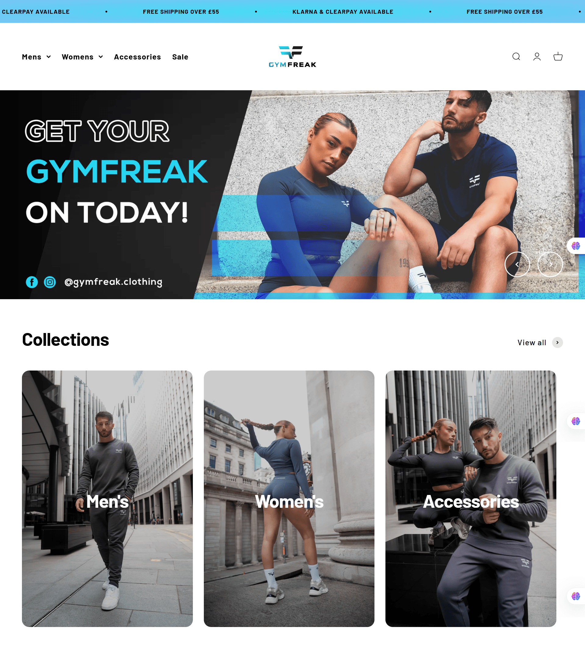 GymFreak UK Shopify store homepage showcasing fitness apparel and products