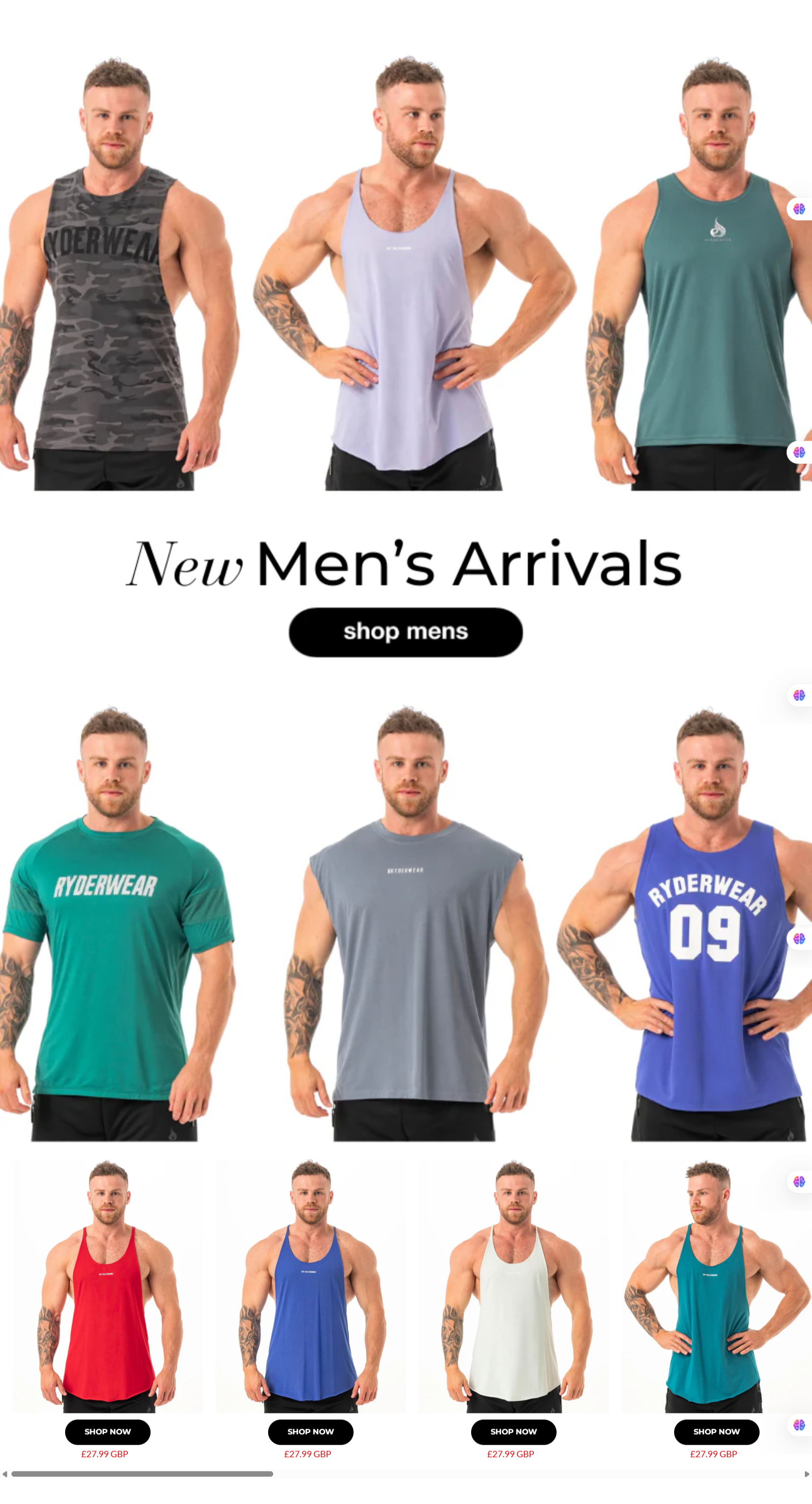 Ryderwear UK Shopify store homepage showcasing fitness apparel and custom sections