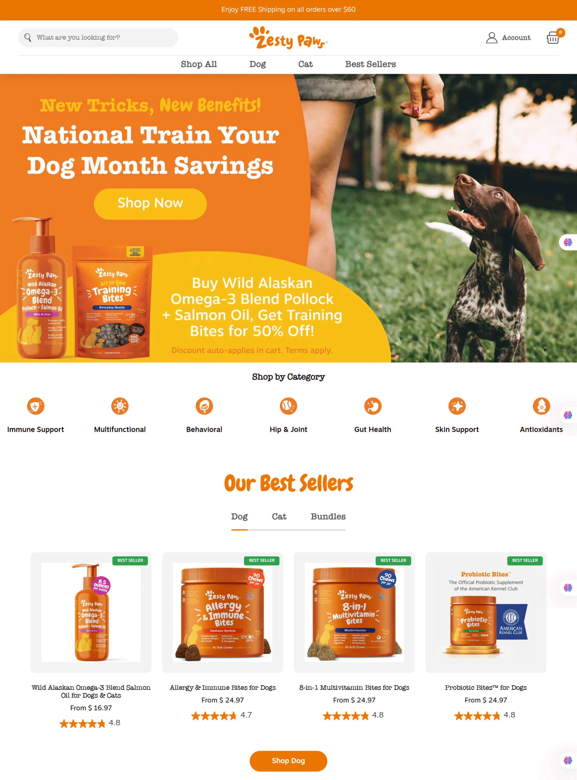 Zesty Paws homepage showcasing natural pet supplements and products
