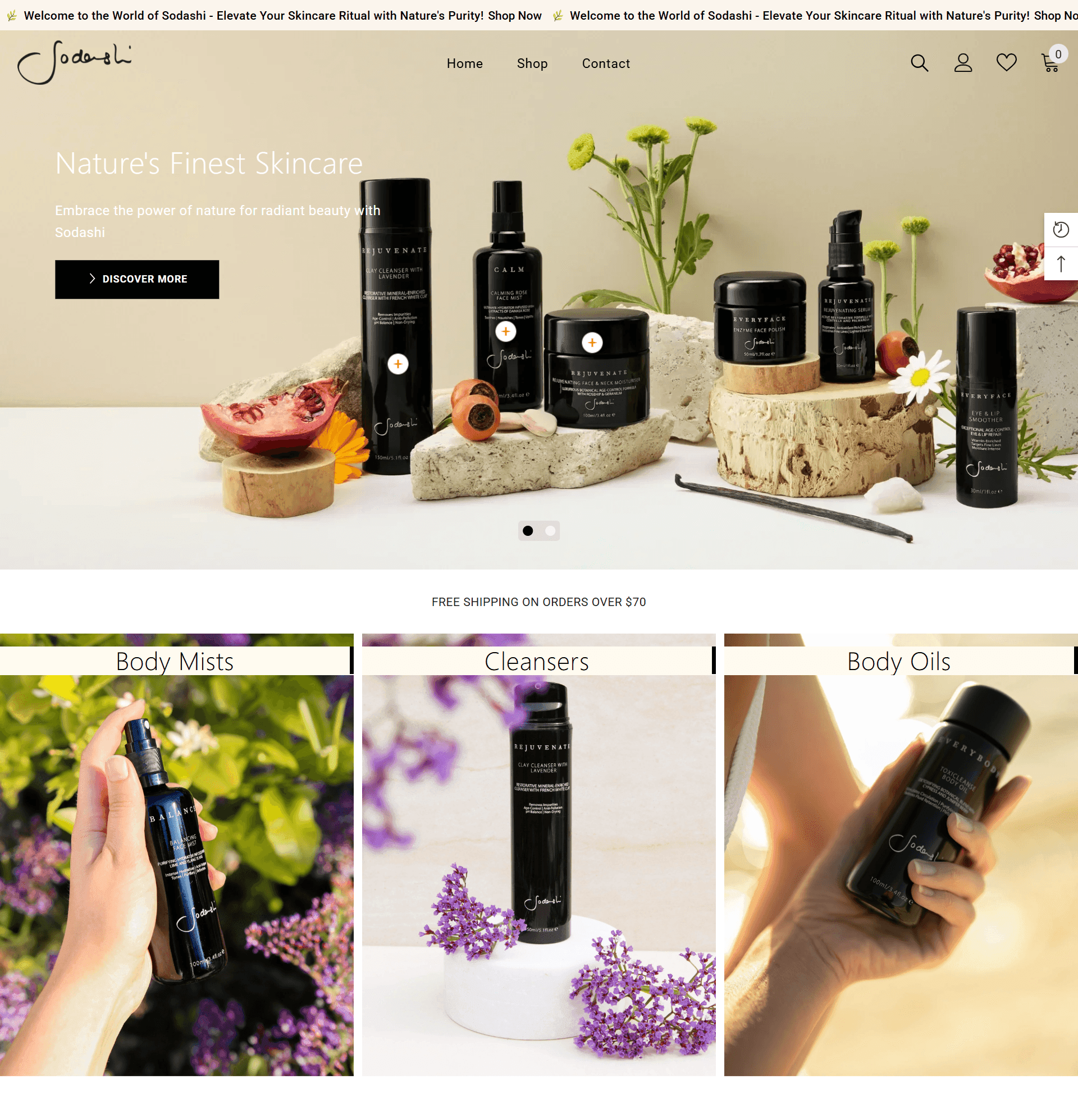 Sodashi skincare Shopify store homepage